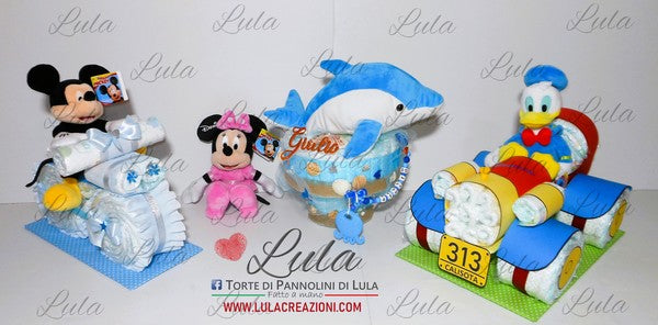 torte di pannolini pampers lula creazioni belle idea regalo nascita battesimo baby shower maschio femmina particolare utile spedizioni italia milano roma napoli moto con peluche topolino delfino torta estiva estate, mare e conchiglie, auto paperino e minnie