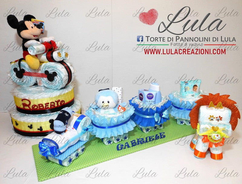 torta di pannolini pampers lula creazioni idea regalo nascita battesimo baby shower bella utile particolare maschio femmina rosa azzurro compra online spedizioni italia milano roma napoli ancona