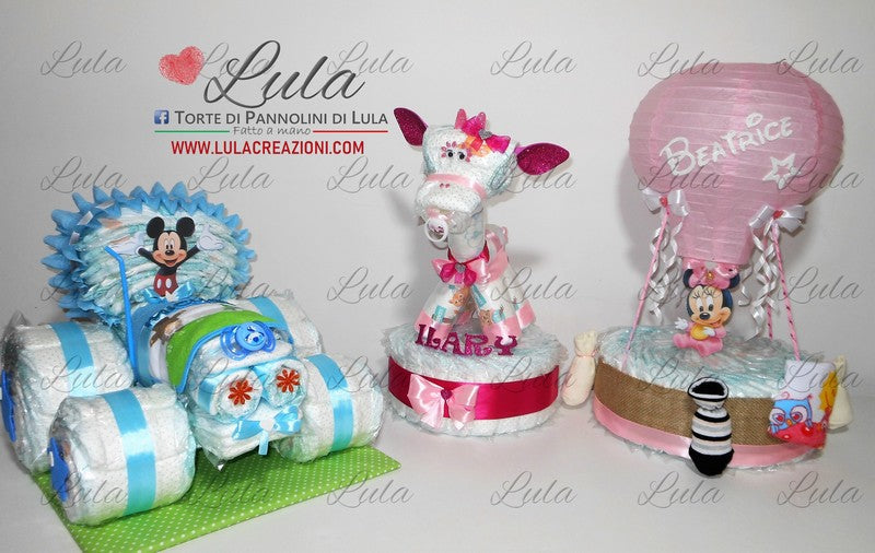 torta di pannolini pampers lula creazioni idea regalo nascita battesimo baby shower bella utile particolare maschio femmina rosa azzurro compra online spedizioni italia milano roma napoli ancona