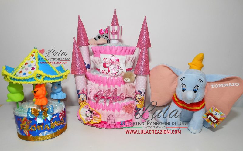 torta di pannolini pampers lula creazioni idea regalo nascita battesimo baby shower bella utile particolare maschio femmina rosa azzurro compra online spedizioni italia milano roma napoli ancona