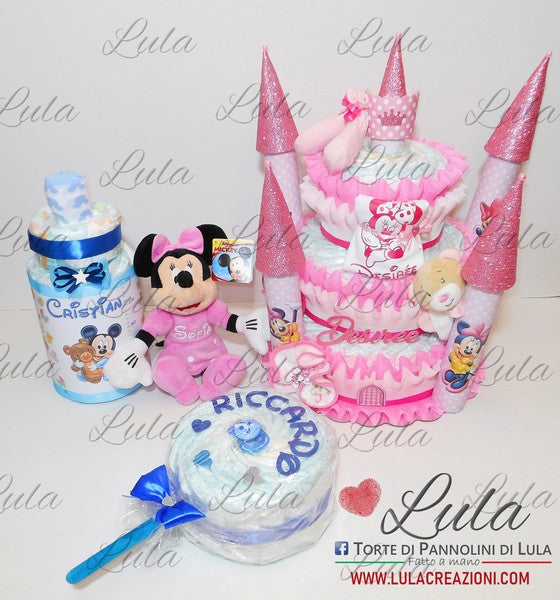 torte di pannolini pampers lula creazioni belle idea regalo nascita battesimo baby shower maschio femmina particolare utile spedizioni italia milano roma napoli castello principessa minnie con regalini: prodotti igiene, body con nome, bavaglino. Biberon topolino, lecca lecca ciuccio e peluche minnie