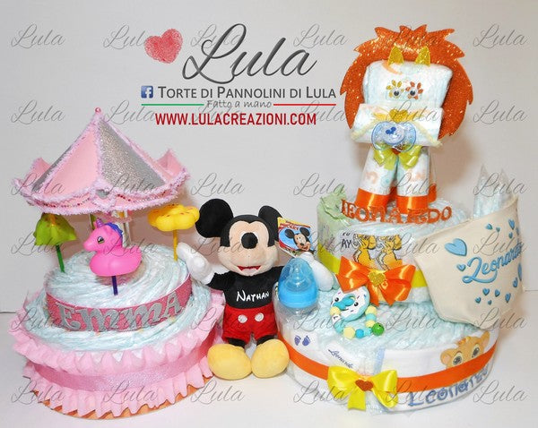 torte di pannolini pampers lula creazioni belle idea regalo nascita battesimo baby shower maschio femmina particolare utile spedizioni italia milano roma napoli giostra carillon con giochini, re leone, simba e peluche topolino