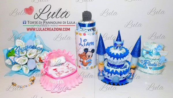 torte di pannolini pampers lula creazioni belle idea regalo nascita battesimo baby shower maschio femmina particolare utile spedizioni italia milano roma napoli bouquet di fiori, culla carrozzina con bavaglino personalizzato minnie. Biberon topolino, castello principe e cuori celesti. catenella portaciuccio silicone re leone simba