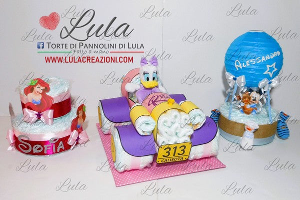 torte di pannolini pampers lula creazioni belle idea regalo nascita battesimo baby shower maschio femmina particolare utile spedizioni italia milano roma napoli auto macchina peluche paperina minnie. mongolfiera con calzini topolino