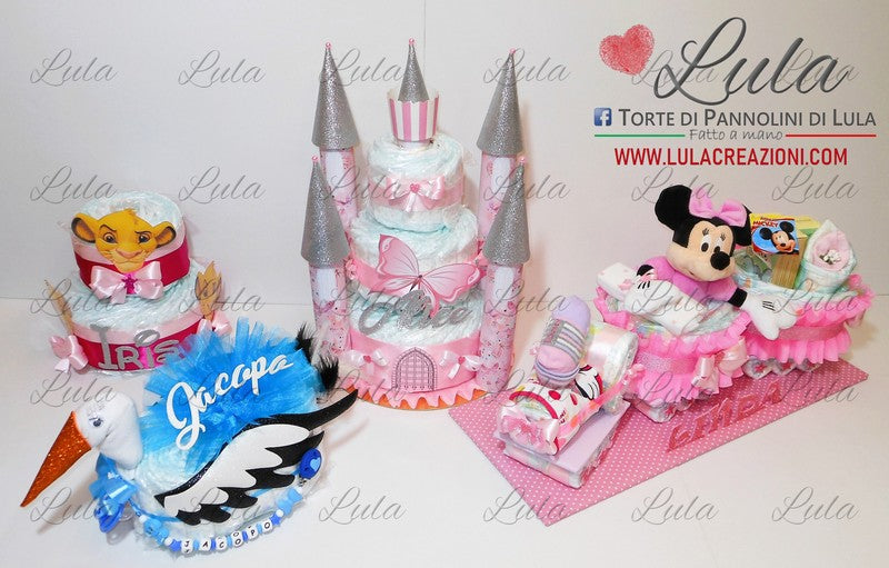 torta di pannolini pampers lula creazioni idea regalo nascita battesimo baby shower bella utile particolare maschio femmina rosa azzurro compra online spedizioni italia milano roma napoli ancona