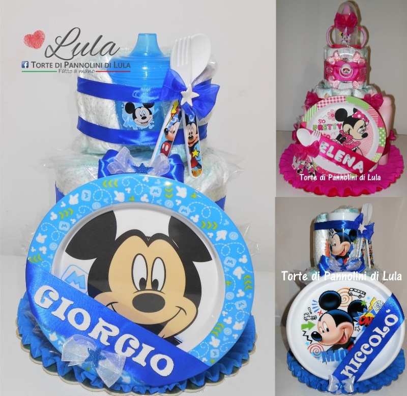 torta di pannolini Lula Creazioni pampers idea regalo utile originale bella gravidanza baby shower nascita battesimo topolino set pappa piatto azzurro maschio shop online spedizioni italia ancona