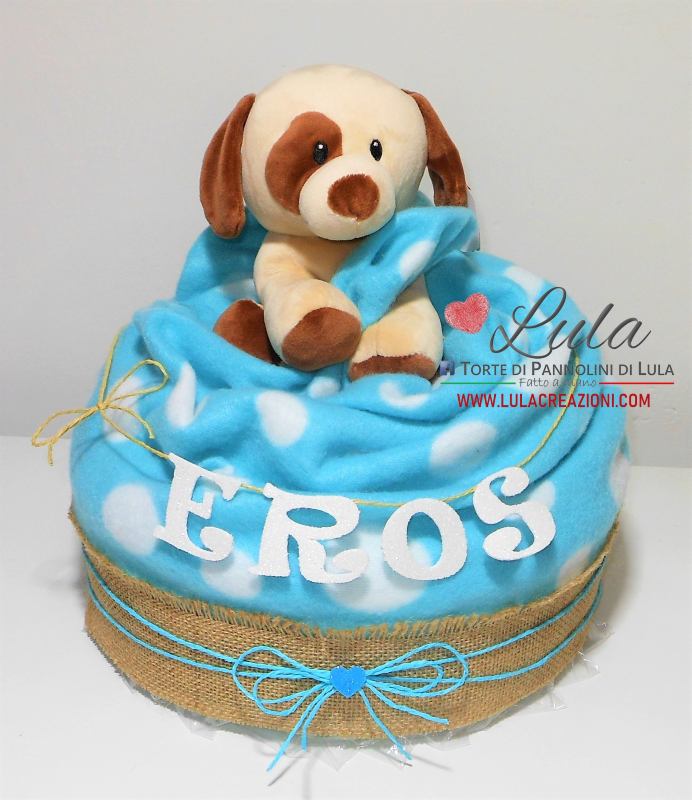 Torta di pannolini bella utile originale idea regalo nascita battesimo baby shower maschio coperta peluche cagnolino sconto pampers shop online italia ancona