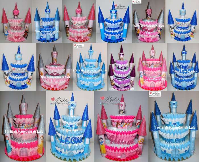 torta di pannolini pampers lula creazioni castello principe principessa minnie topolino maschio femmina rosa azzurro a regalo nascita battesimo baby shower shop online spedizioni italia milano roma torino