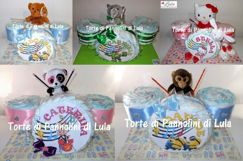 Torta di pannolini Lula Creazioni Batteria baby misicista Pampers idea regalo nascita battesimo baby shower