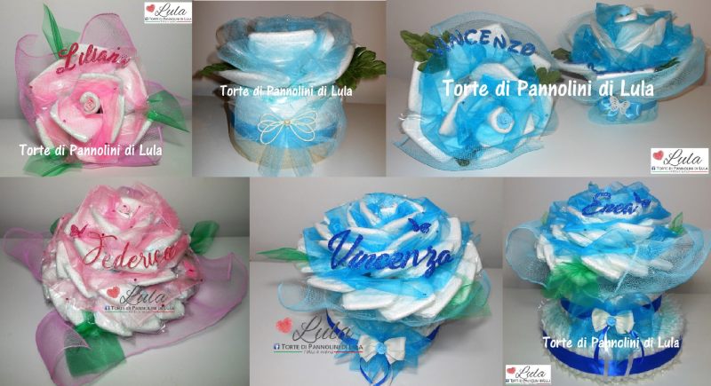 Torte di Pannolini di Lula Creazioni -  Fiori Rosa margherita Bouquet idea regalo nascita battesimo baby shower maschio azzurro