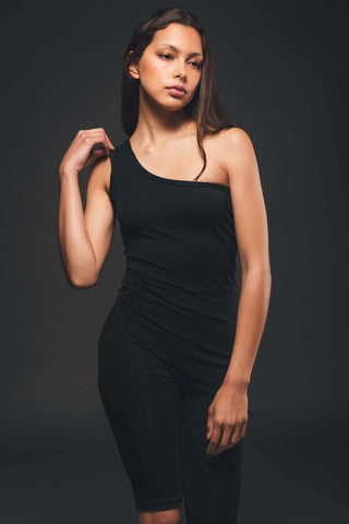 Organic black short one shoulder jumpsuit 