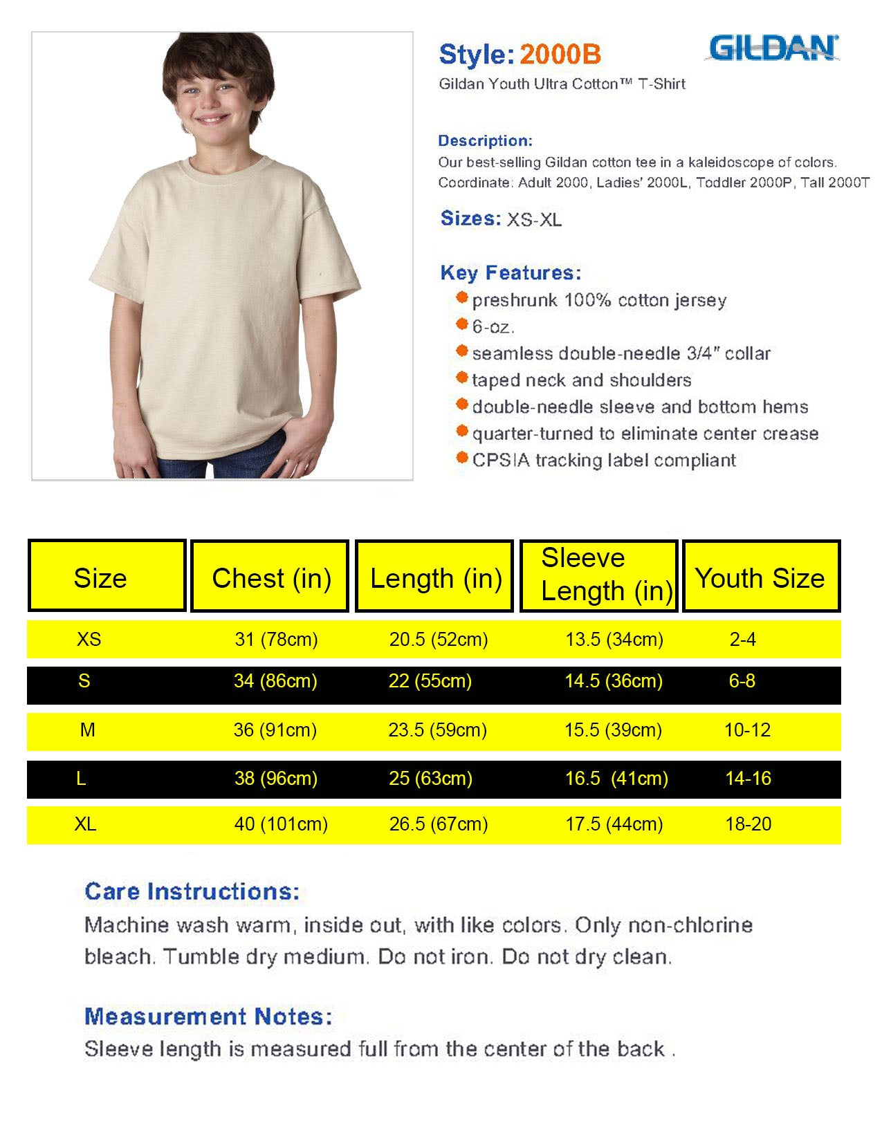 gildan 2000b kids tshirt size chart