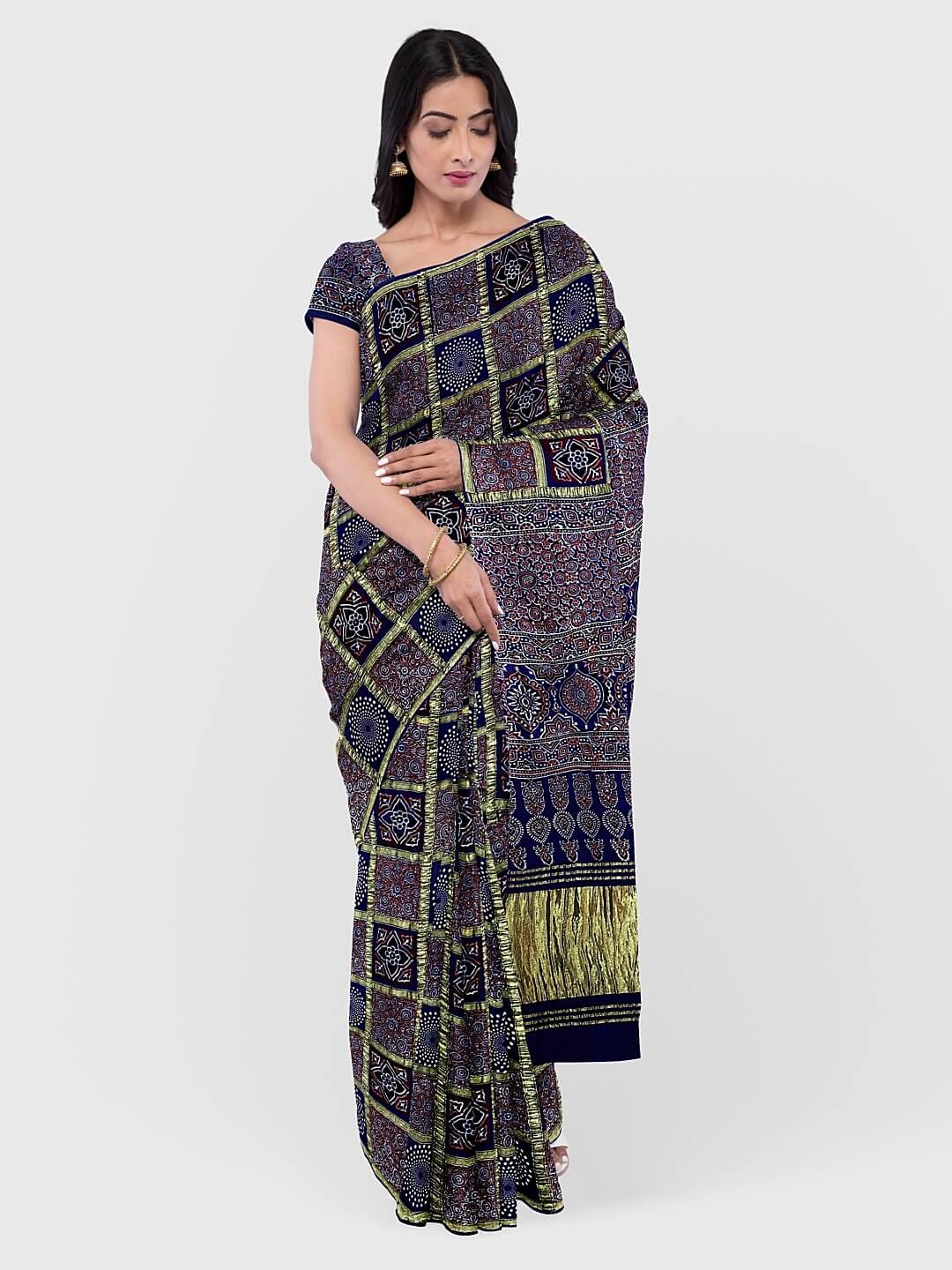 Buy authentic Ajrakh modal silk handblock printed saree online-AMOUNEE –  AMOUNEE - Handloom & Handicraft