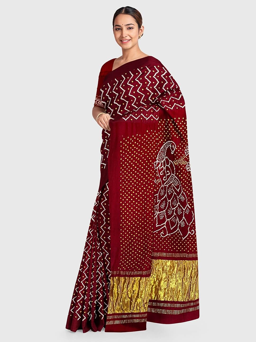 Maroon Traditional Bandhani Saree in Gaji Silk – Khatri Jamnadas ...