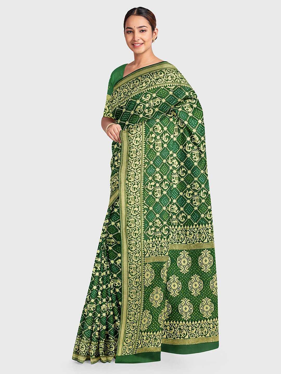 HOUSE OF BEGUM Womens Dark Green Banarasi Satan Plain Silk Blend Saree –  F2FMART.com