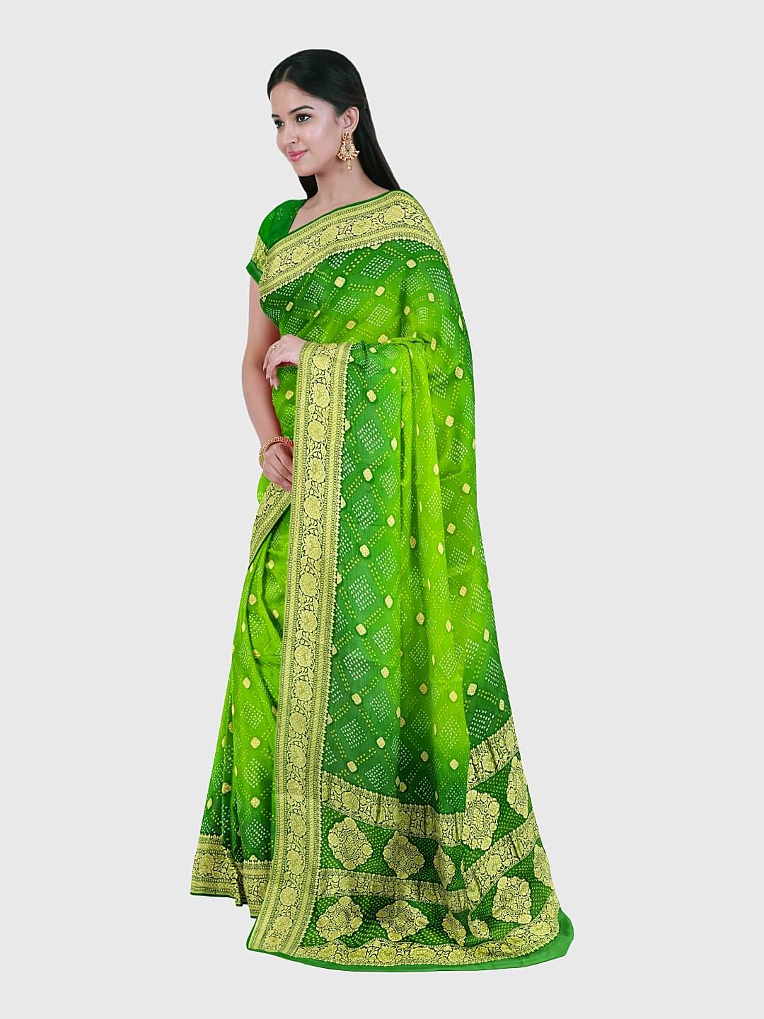 Parrot Green Handwoven Banarasi Silk Saree With Pink Zari Border | Vervee  Couture