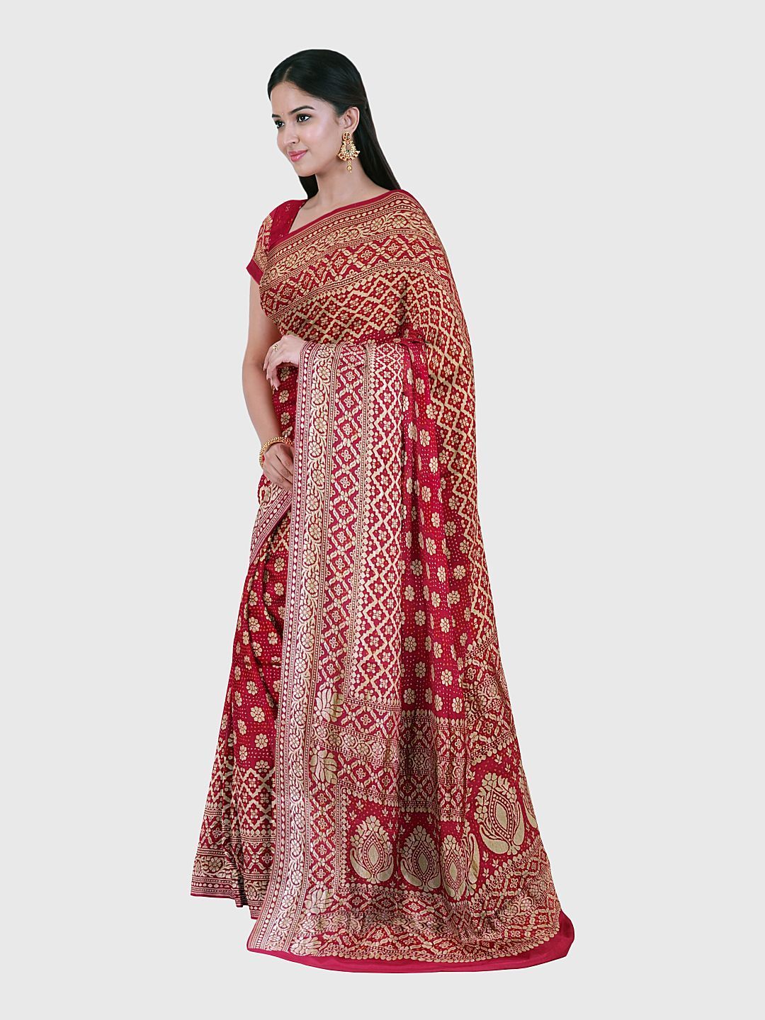 Red RasMandal GajiSilk Panetar Bandhani Saree | KaLa Bandhej