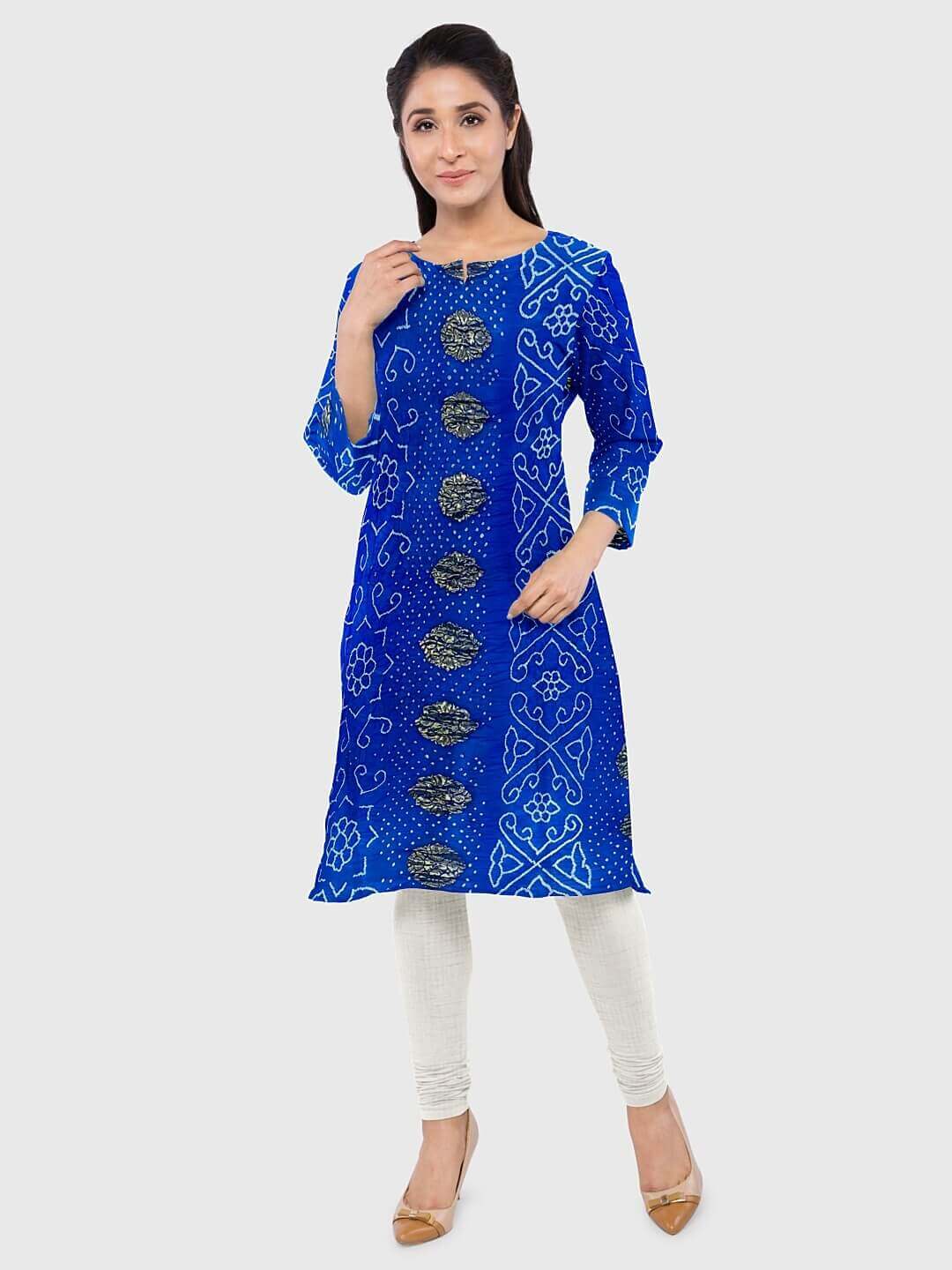 Navy Blue Foil-Printed Chanderi Silk Casual Readymade Kurti-Pants Suit
