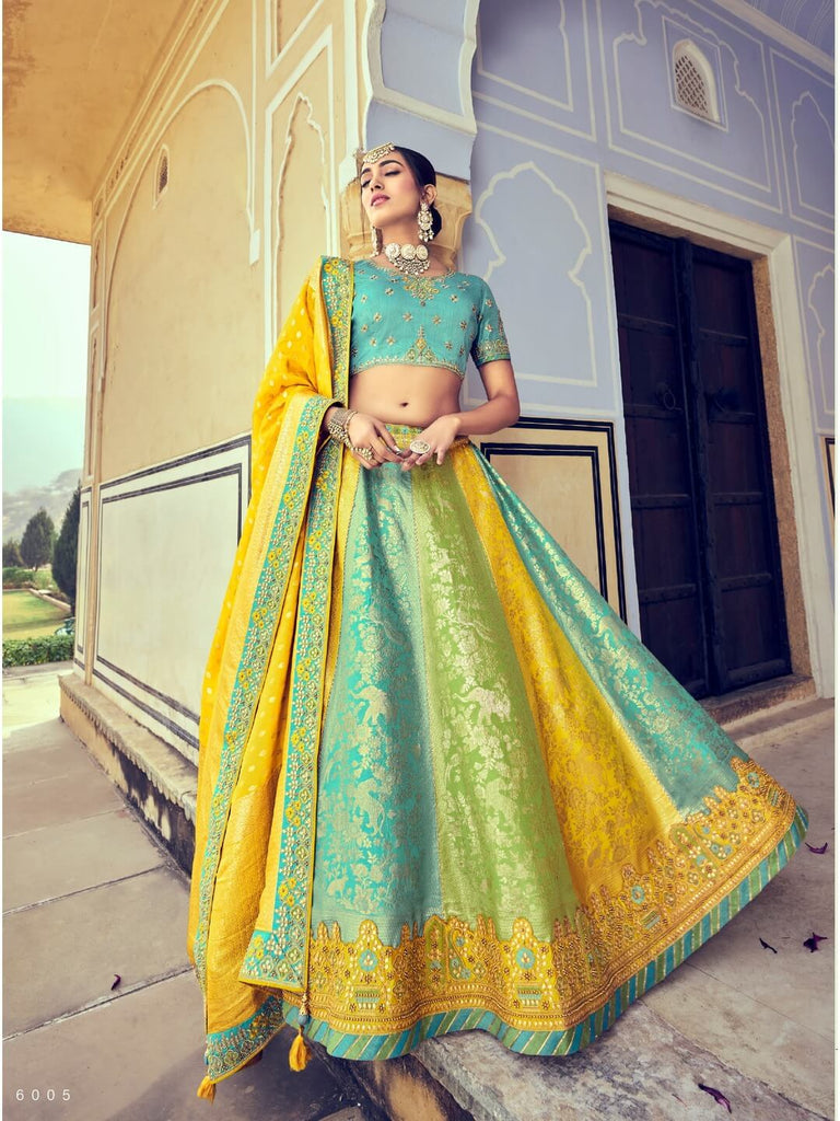 Yellow And Firozi Banarasi Semi-Stitched Lehenga in Synthetic – Khatri  Jamnadas Bechardas