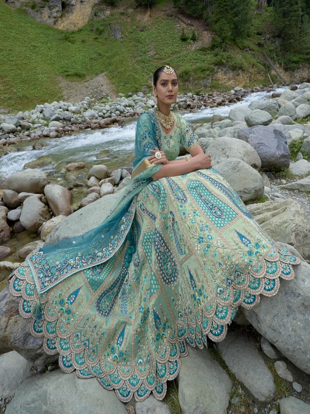 Parrot-green thread embroidery silk semi stitched lehenga - Monjolika -  4144239