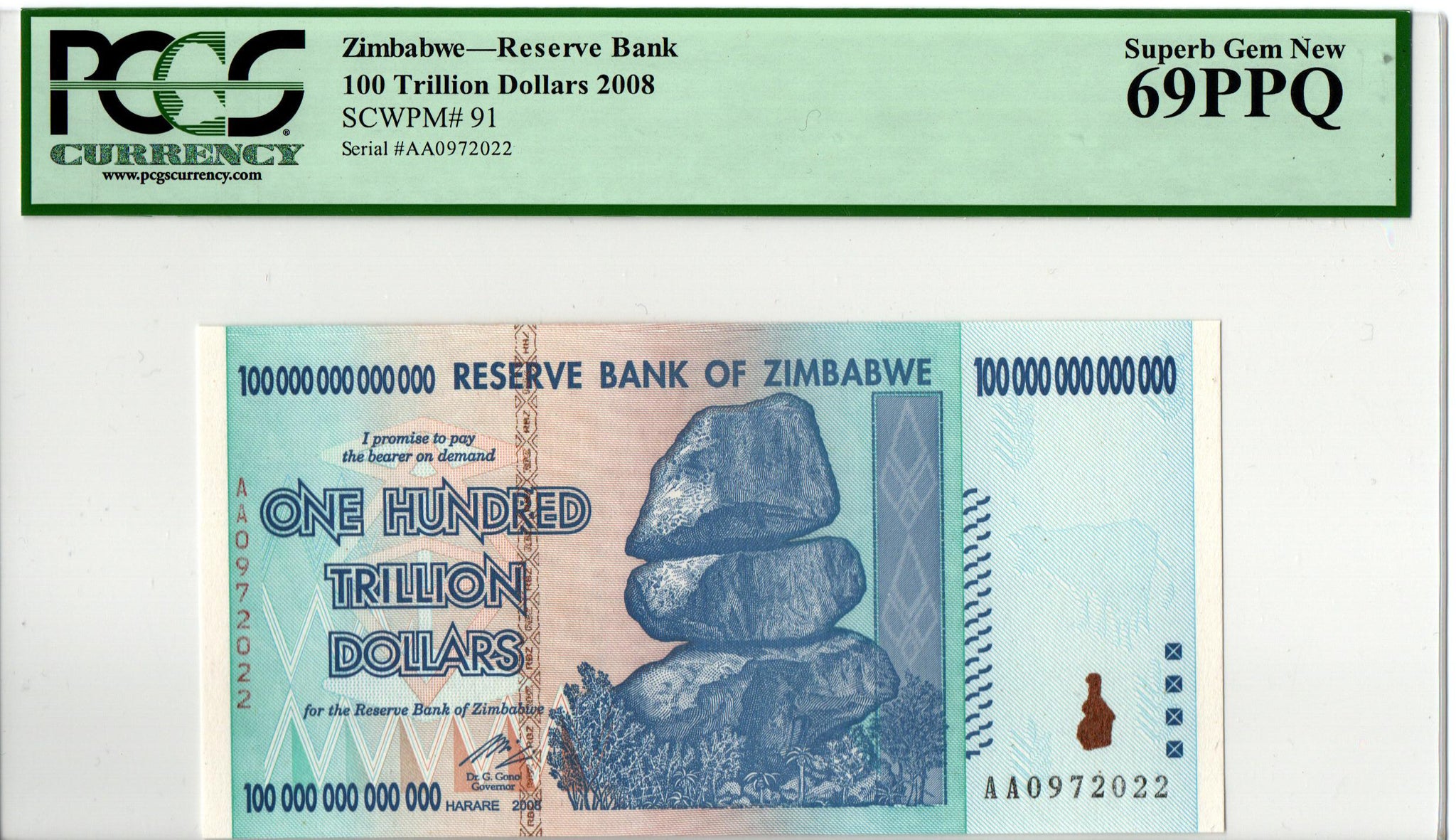 2008 AA ZIMBABWE 100 TRILLION DOLLARS, NEW, PCGS 69 PPQ – Certified