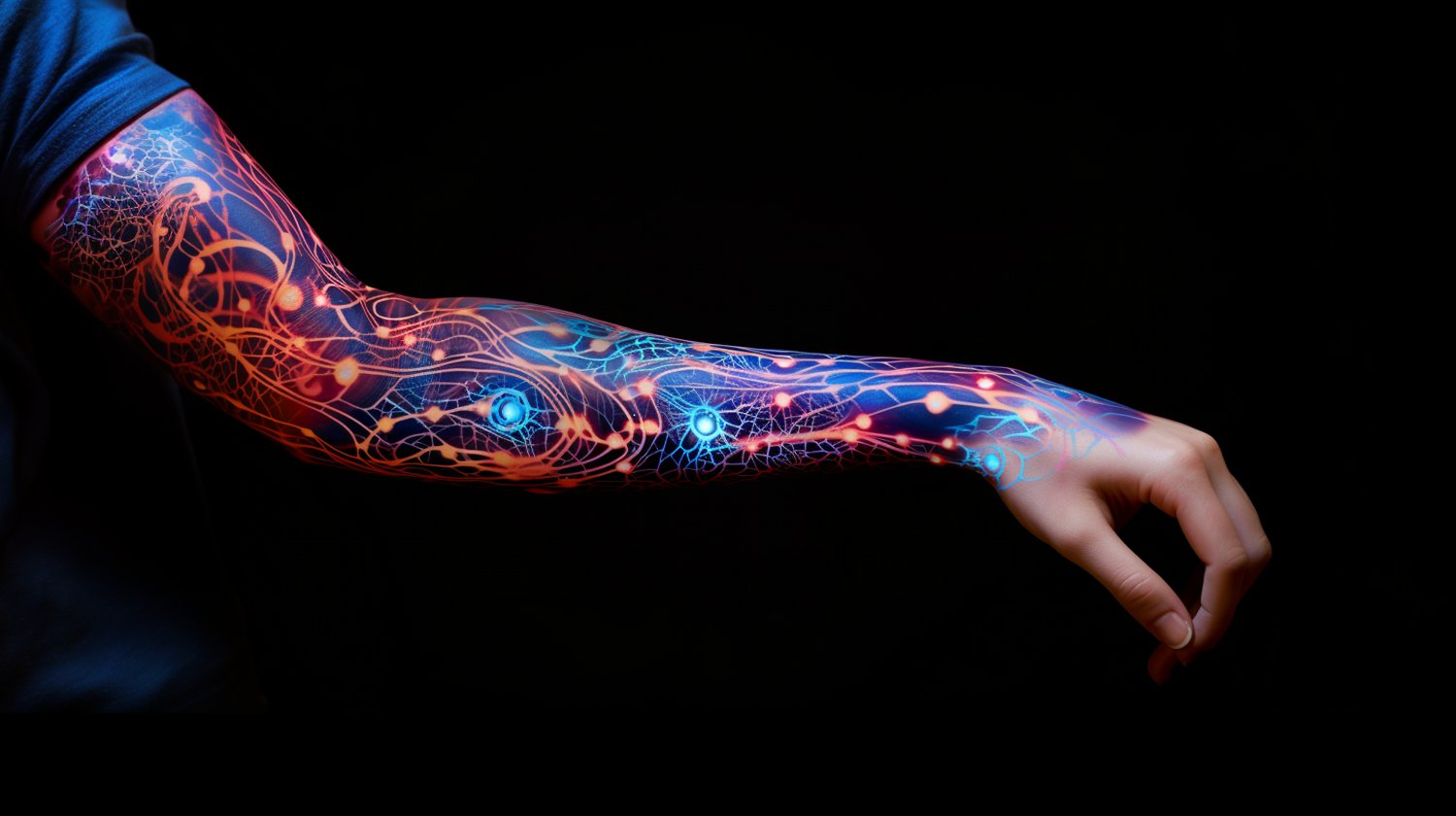 Close-up of a person's forearm adorned with realistic AI Art Tattoos and tattooing