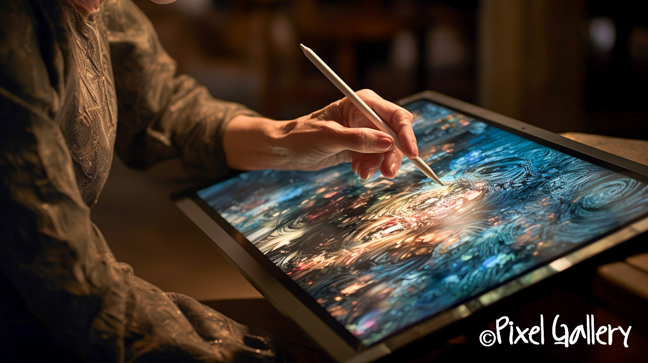 Ai art generated image of an AI artist holding a stylus and creating art on a tablet by Pixel Gallery
