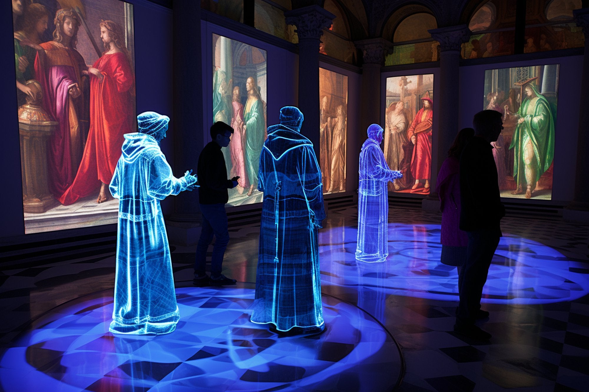 Holograms of the Medici family visiting thier MET exhibition. AI art by Pixel Gallery