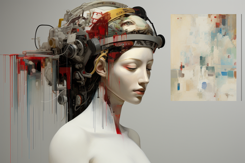 AI Art of cyborg woman next to a framed artwork