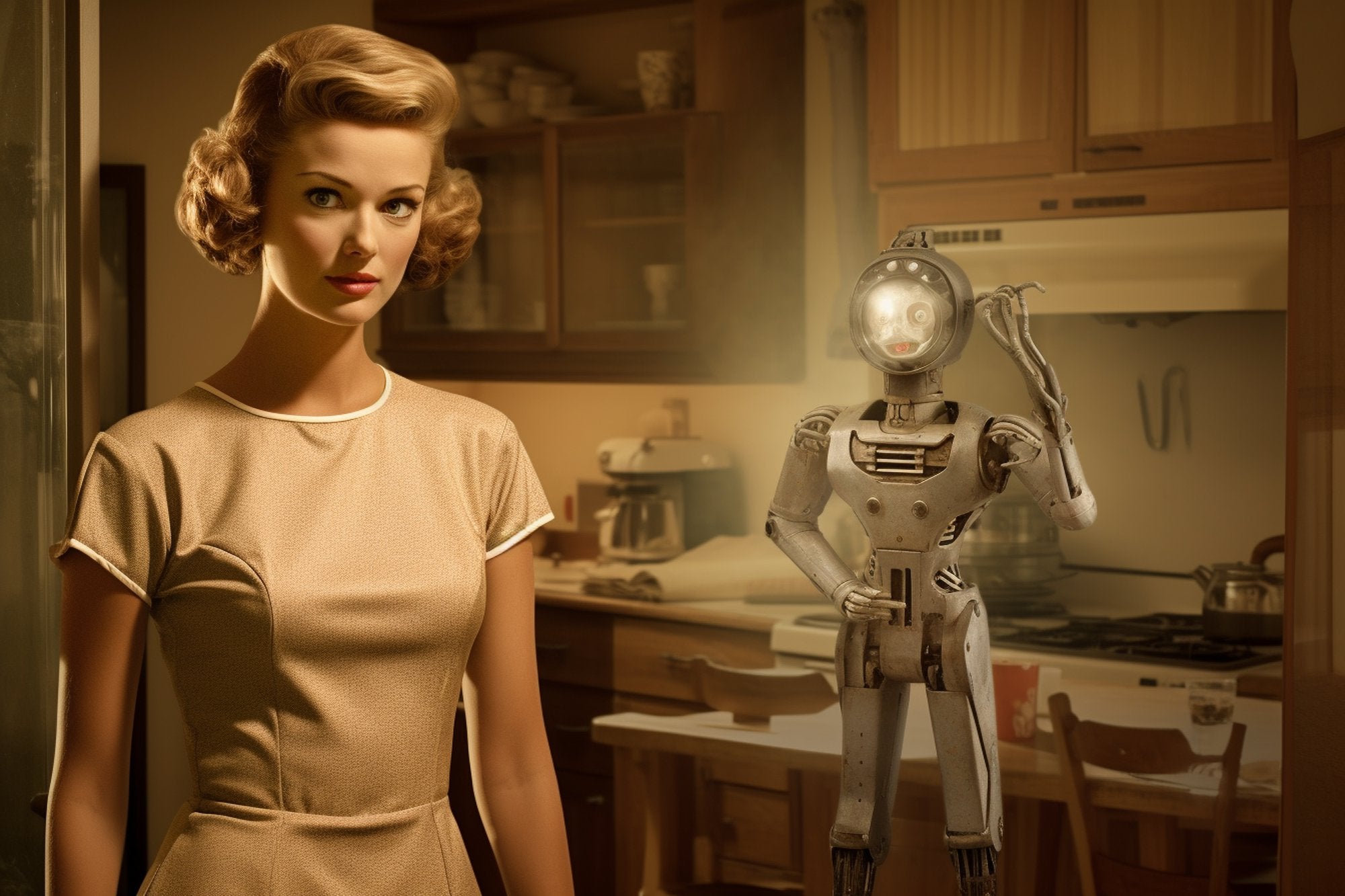 Portrait of a 1950s housewife transformed into a robotic figure, a fusion of AI Art and AI Generated Artwork by Midjourney