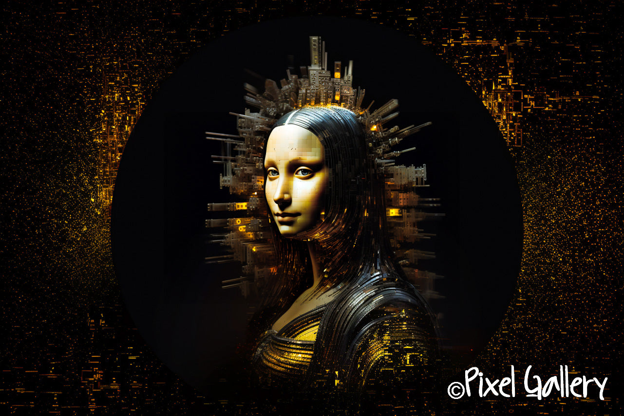 Ai generated art painting of the Mona Lisa in a futuristic style against a black and gold background