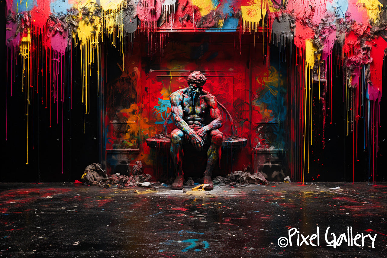 Ai art generated painting of a renaissance statue sited against a street art graffiti backdrop.