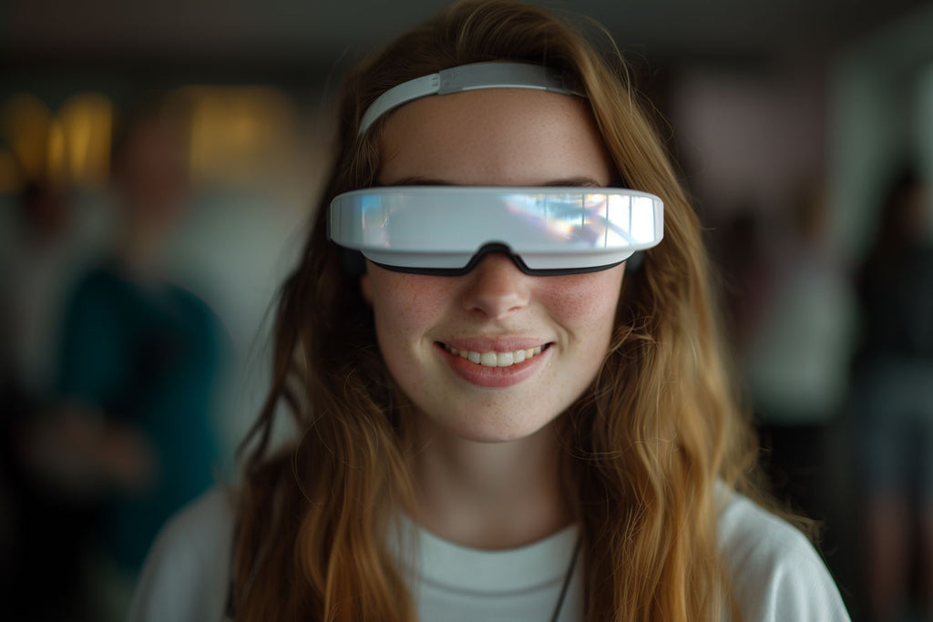 Visually impaired woman wearing the Pixel Eye glasses by Pixel Gallery