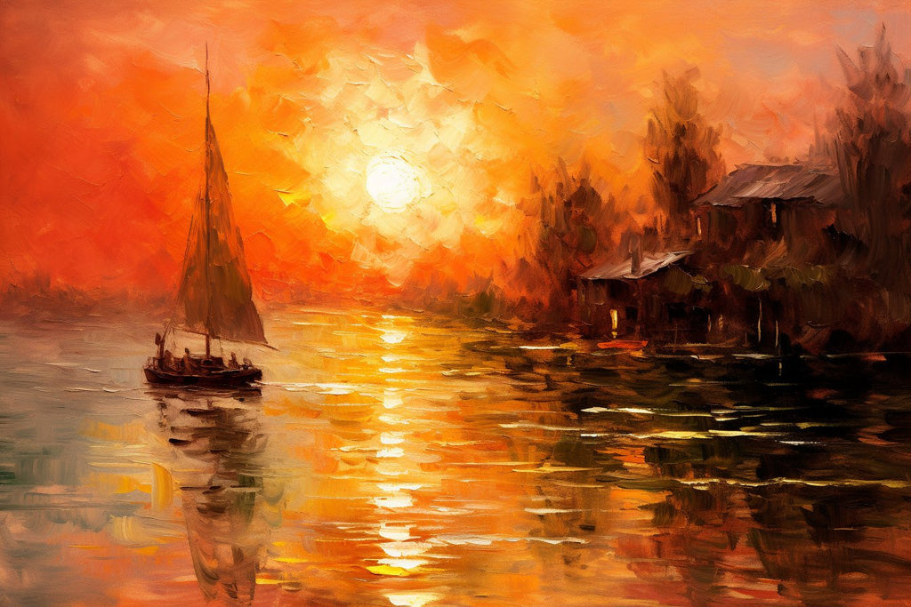 AI Art by Pixel Gallery of An exquisitely detailed landscape painting that merges the impressionistic brushwork of Claude Monet with the crispness of a high-resolution photograph, capturing the serene beauty of a sunset over a tranquil body of water.