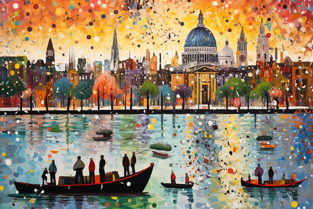 Ai art - Pointillism abstract art painting of the river Thames and Tate gallery - Pixel Gallery