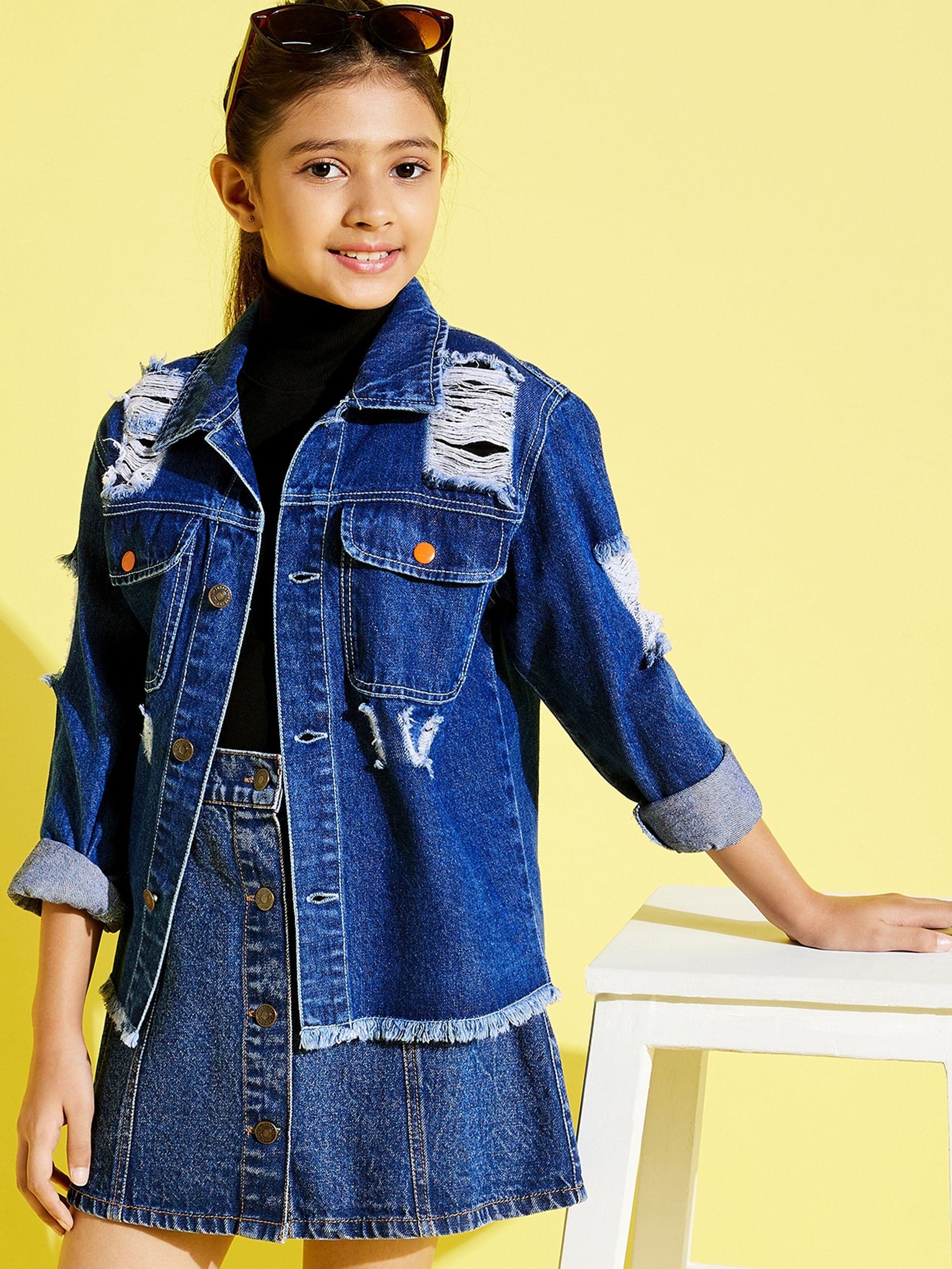 Buy Girls Navy Raw Hem Distressed Denim Jacket Online at Sassafras