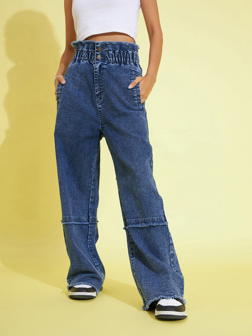 Girls Blue Front Zipper Straight Jeans