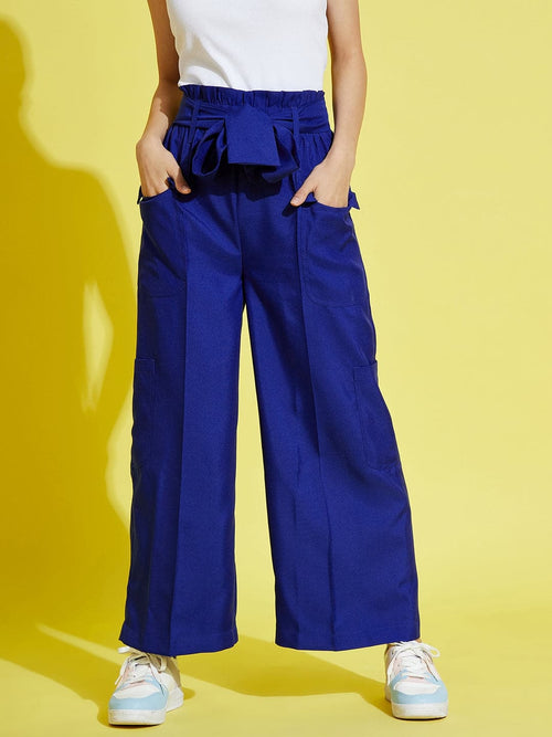 Girls Blue Acid Wash Tencel Patch Pocket Straight Pants