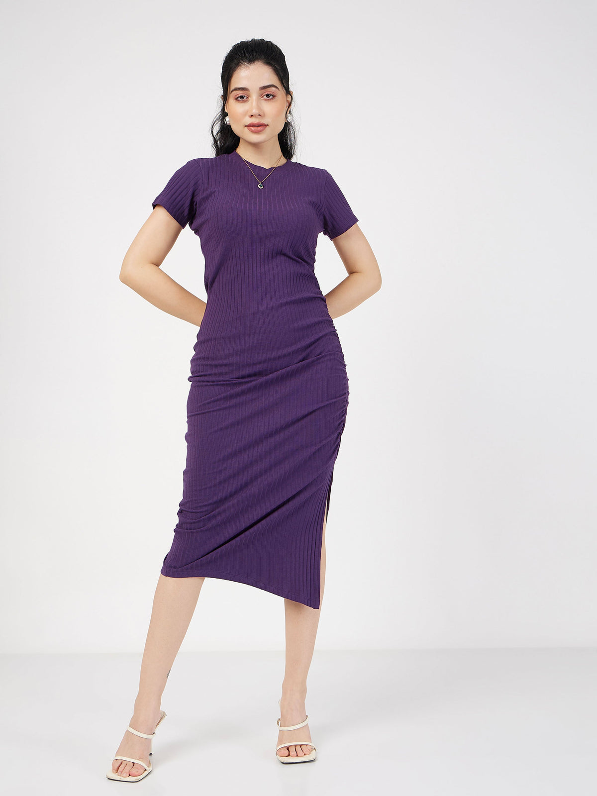 Women Purple Side Slit V-Neck Rib Maxi Dress