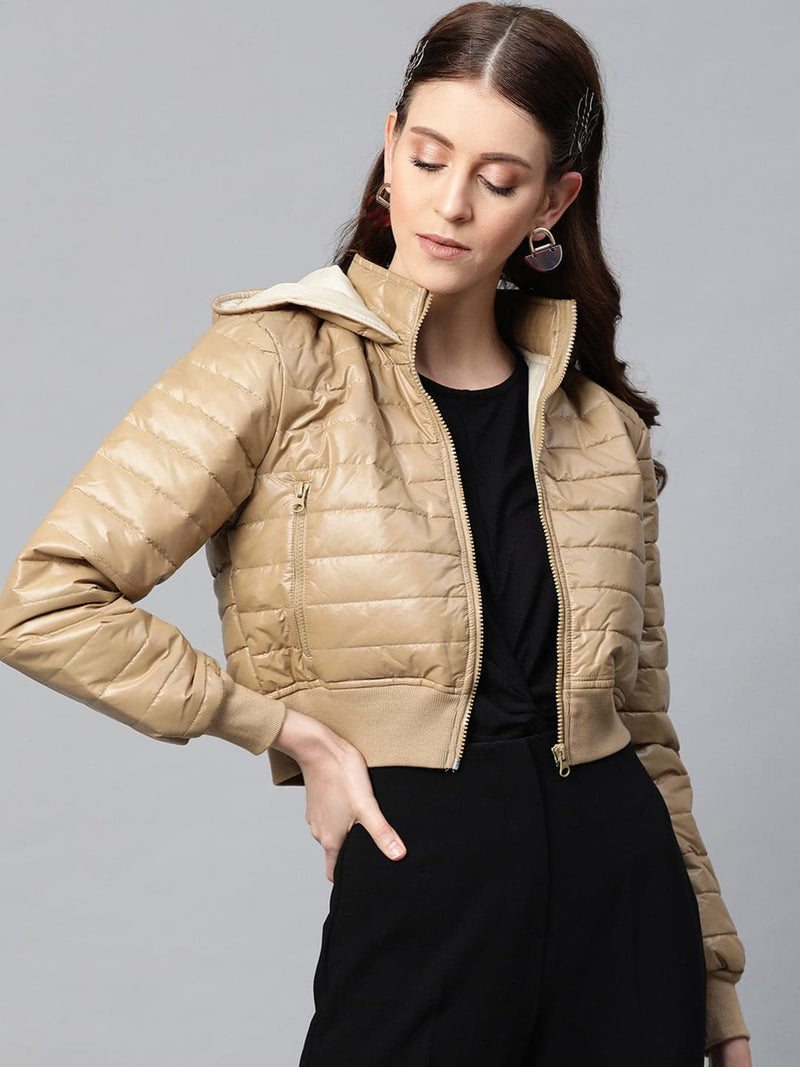 Buy Women Black Hooded Crop Bomber Puffer Jacket Online At Best Price 