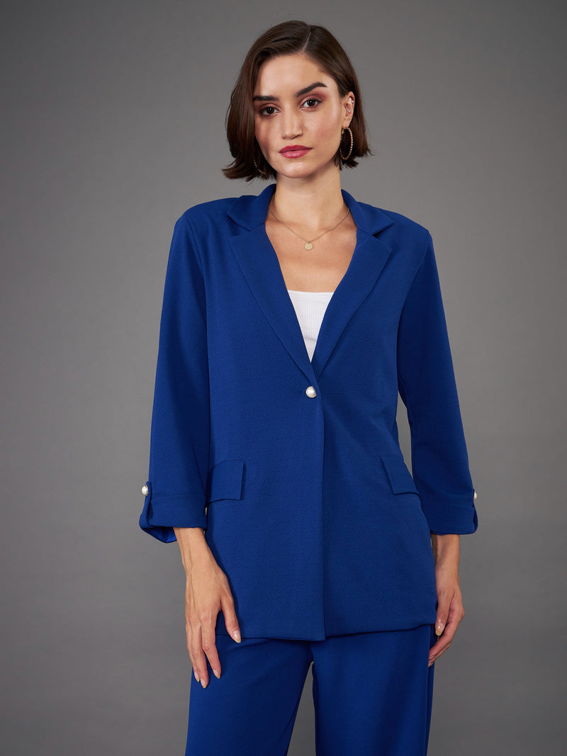 Women Royal Blue Front Button Blazer With Pleated Pants