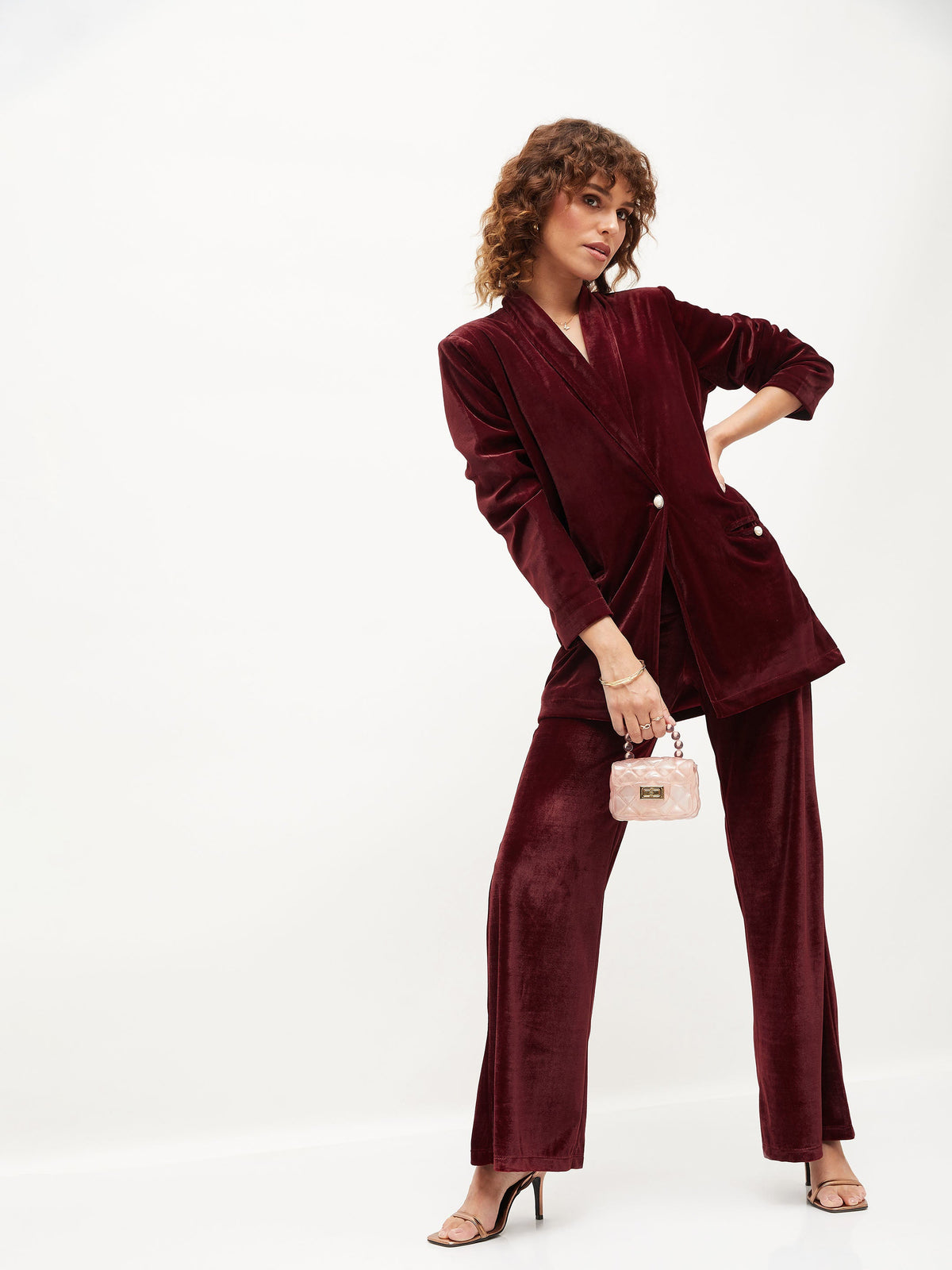 Women Maroon Velvet Bell Bottom Pants