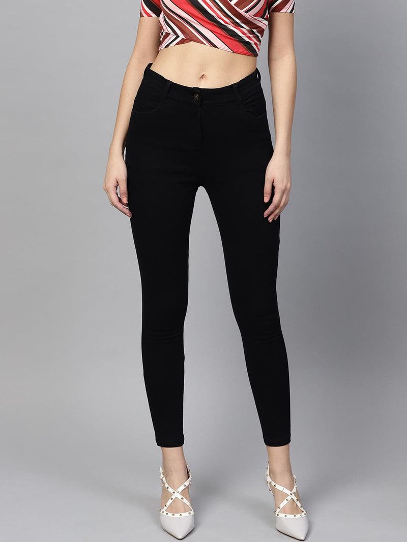 Women Black Washed Side Button High Waist Jeans