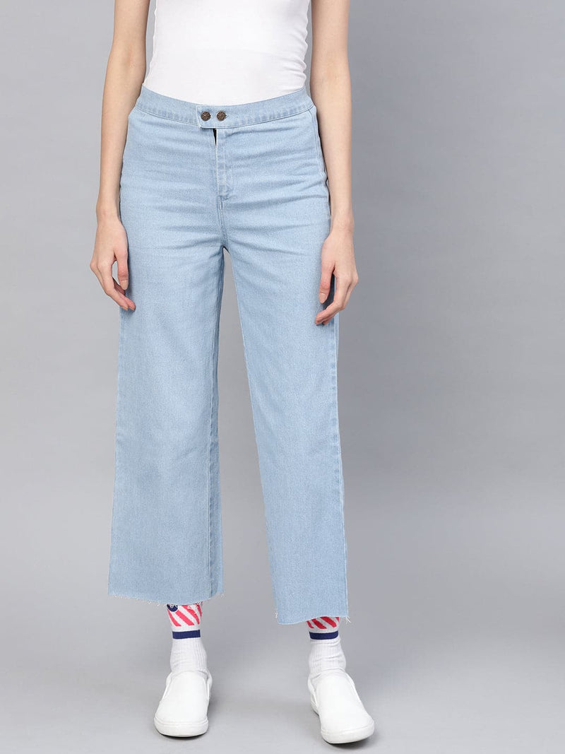 Buy Women Blue Solid High Rise Denim Parallel Trousers - Trousers