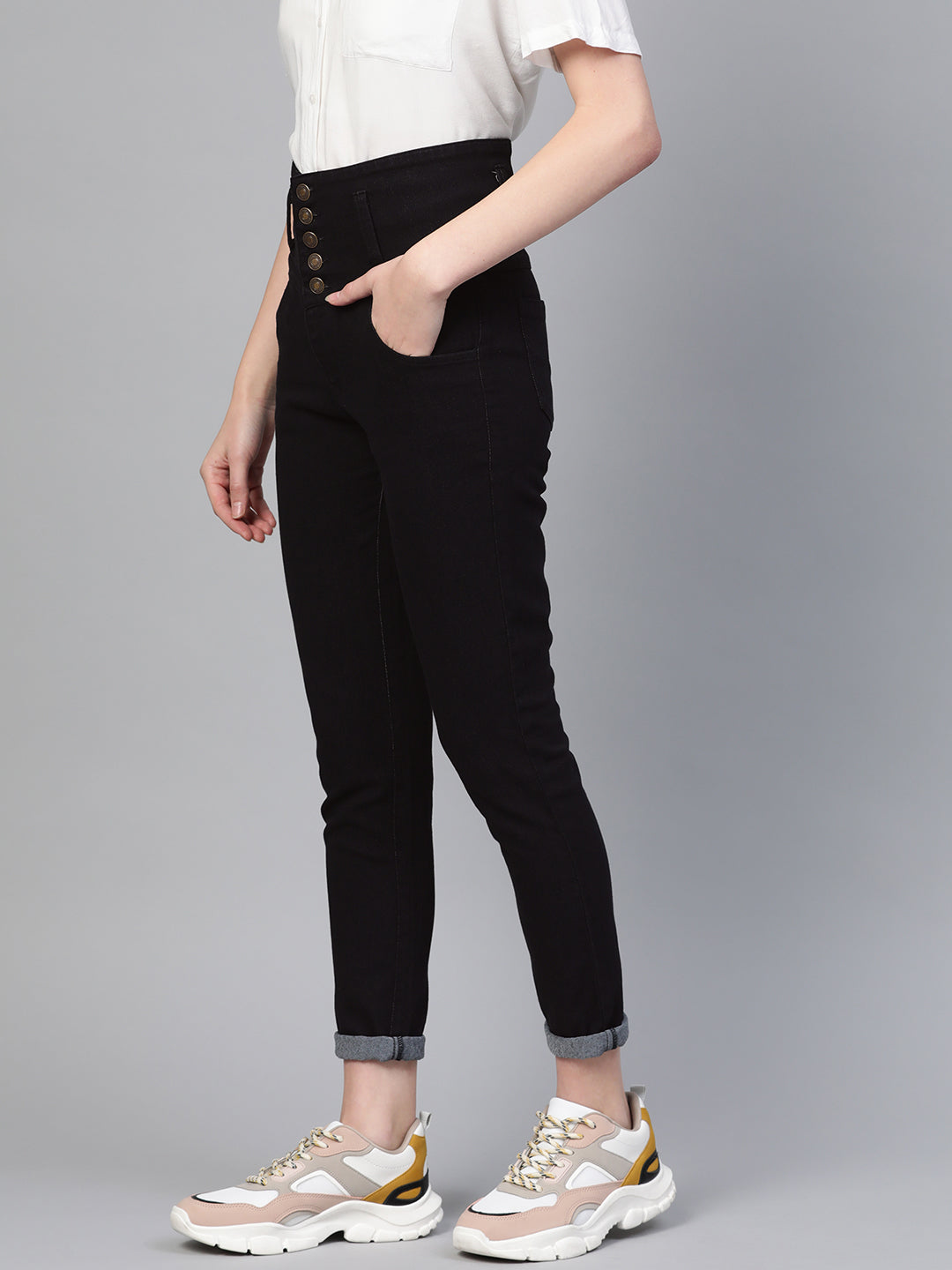 Buy Women Black Front Button Bell Bottom Jeans Online At Best