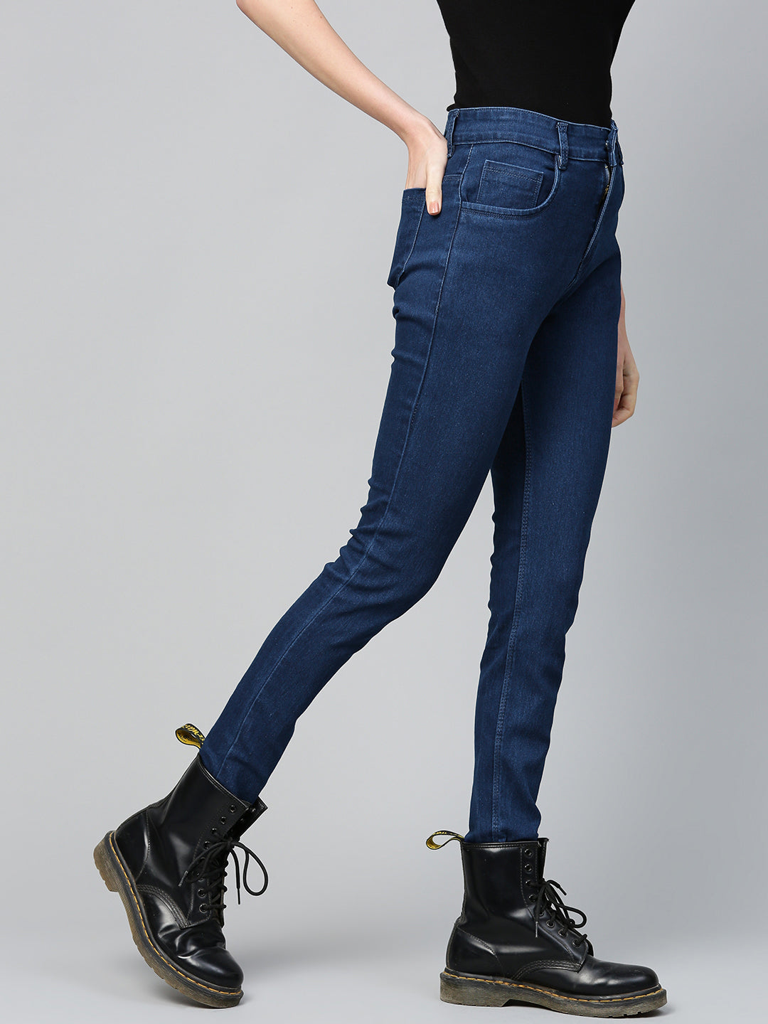 Women Navy Raw Hem Bell Bottom Jeans