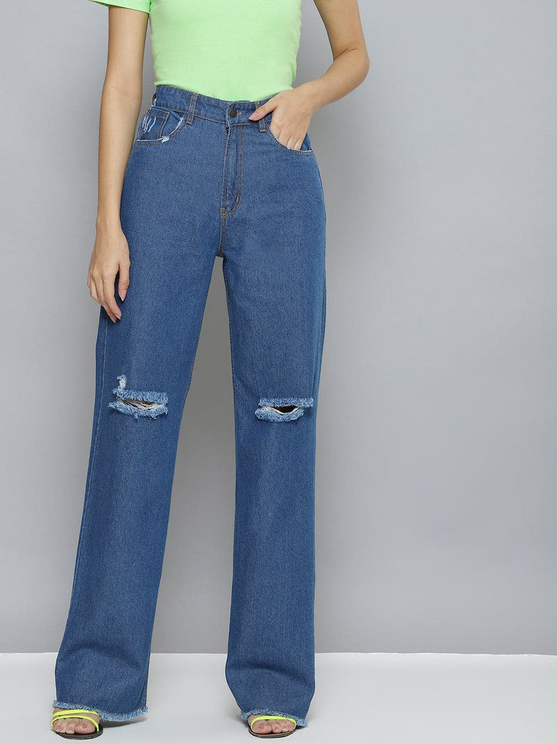 Teal Blue Double Waistband Wide Leg Jeans