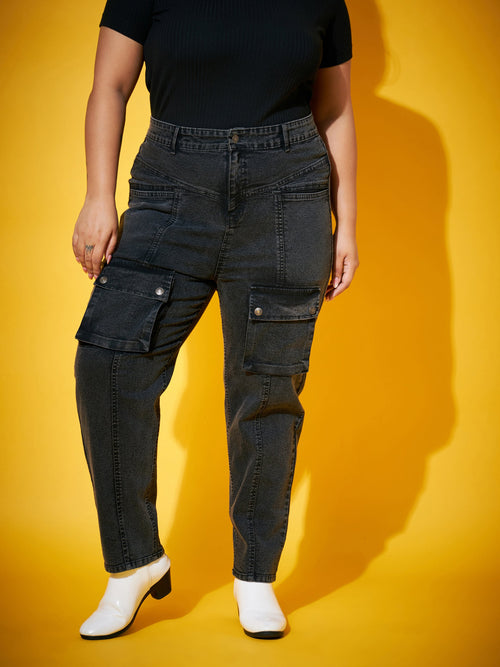 Women Black Washed Side Button High Waist Jeans