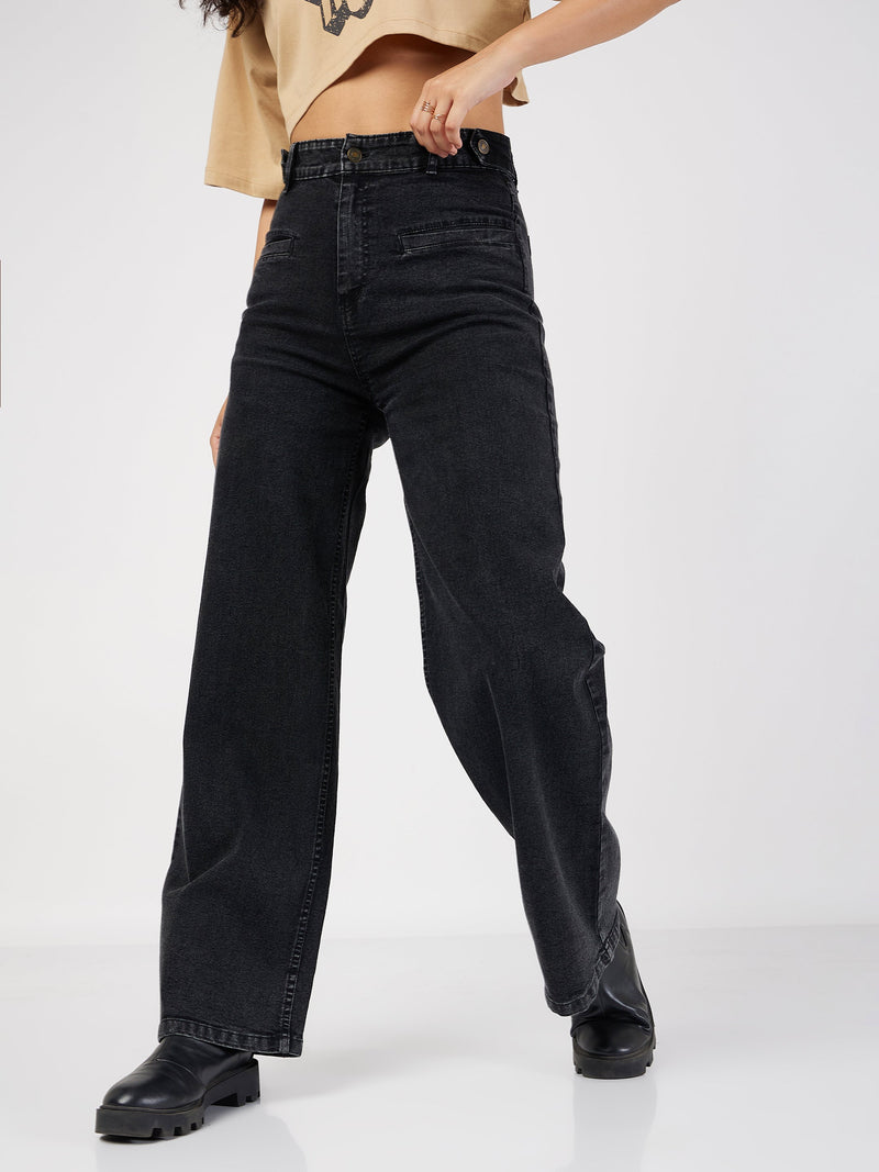Women Black Box Pocket Straight Premium Jeans