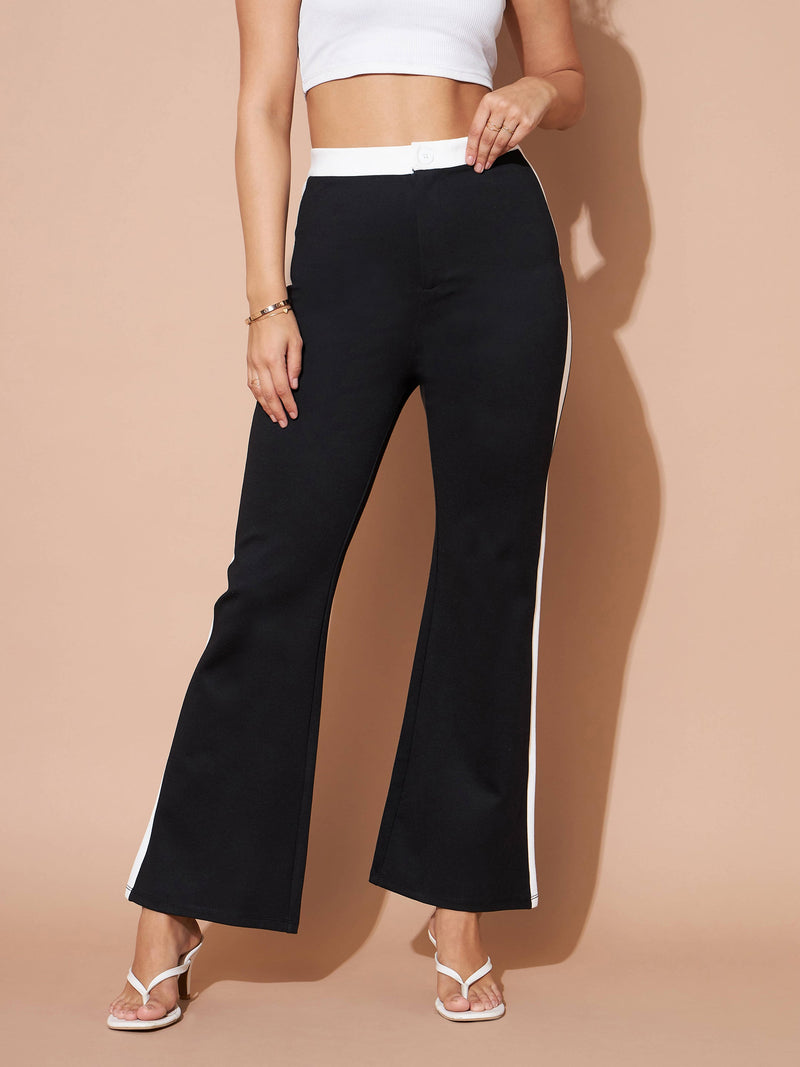 Buy Women Black & White Color Block Side Pockets Twill Pants
